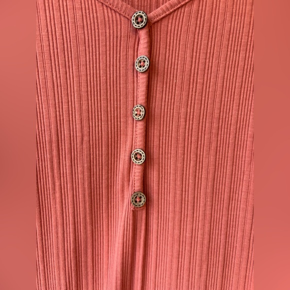 Large Heart & Hips Ribbed V Neck Bodycon Oat Coral Peach Long Sleeve - Picture 4 of 9